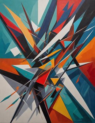 The primary subject of the image is a colorful, abstract artwork featuring a mix of blue, orange, and white colors. The setting is a wall, and the visual style appears to be a combination of digital art and illustration. The artwork is a vibrant and lively piece that captures the viewer's attention with its intricate patterns and shapes.